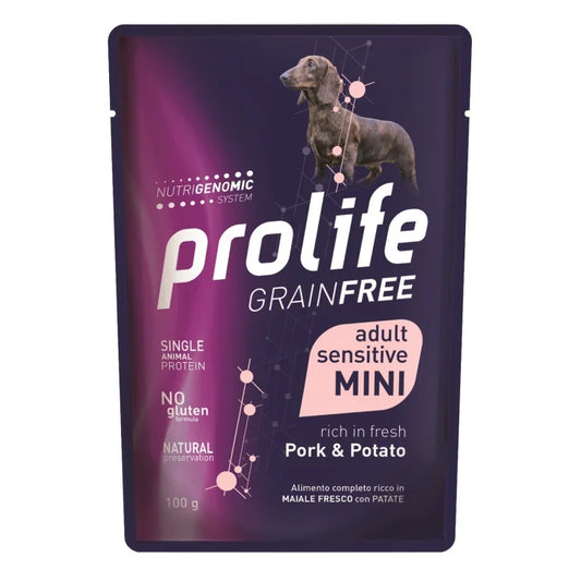 Prolife Grain Free Sensitive - Cibo umido per Cani adulti di piccola taglia - Maiale fresco e Patate - 100gr