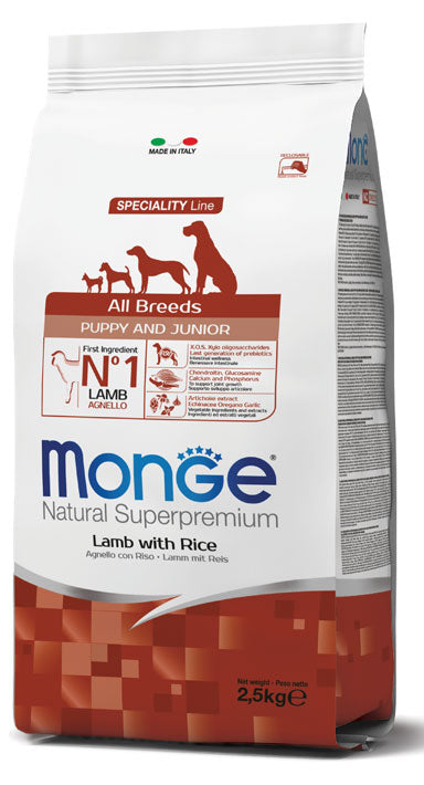 Monge Natural Superpremium - Crocchette per cuccioli di tutte le taglie - Agnello con Riso - 800gr