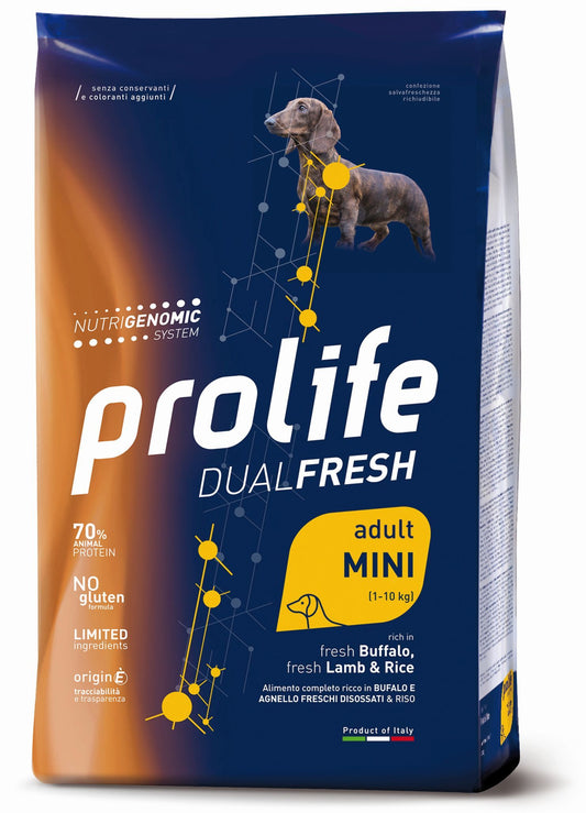 Prolife Dual Fresh - Crocchette per cani adulti di taglia piccola - Bufalo e Agnello freschi, riso - 600gr