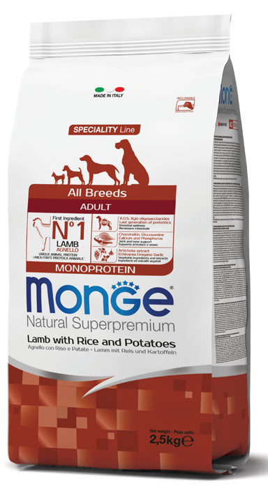 Monge Natural Superpremium - Crocchette per cani adulti di tutte le taglie - Agnello con Riso e Patate - 2,5kg