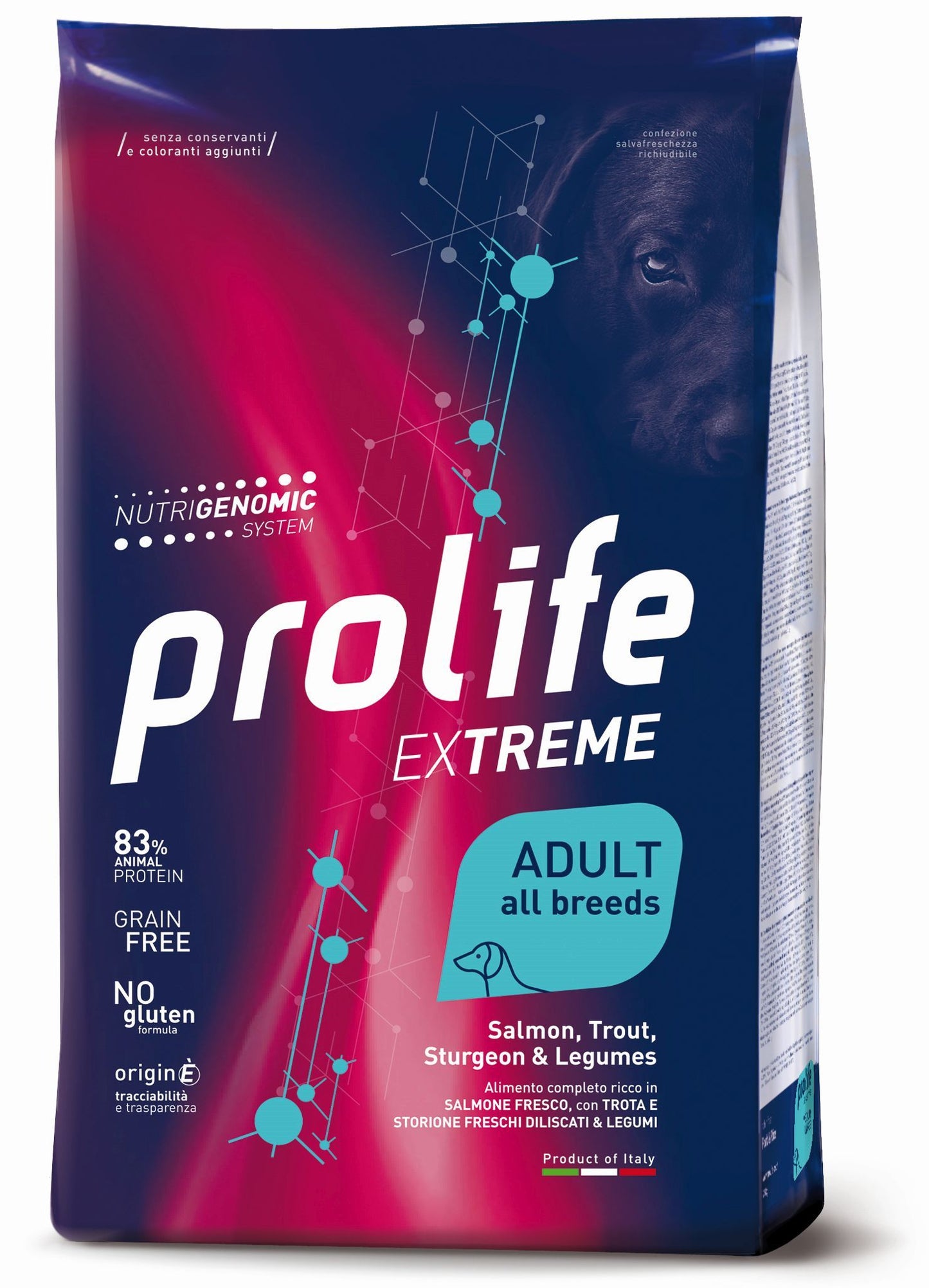 Prolife Extreme - Crocchette per cani adulti di tutte le taglie - Salmone, Trota e Storione freschi, legumi - 2,5kg
