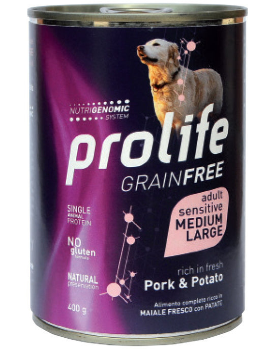 Prolife Grain Free Sensitive Adult - Cibo umido per cani adulti sensibili di taglia media e grande - Maiale fresco e patate - 400gr