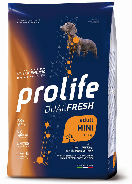 Prolife Dual Fresh - Crocchette per cani adulti di taglia piccola - Tacchino e Maiale freschi, riso - 600gr