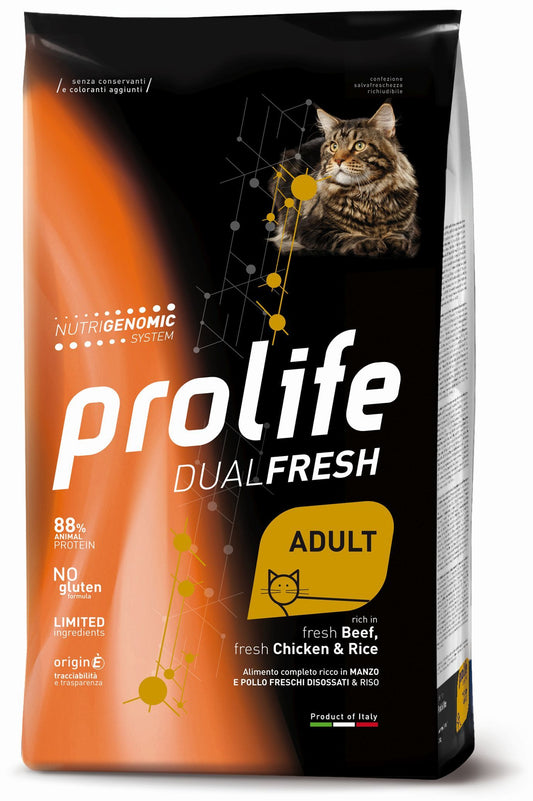 Prolife Dual Fresh - Crocchette per gatti adulti - Manzo e pollo freschi, riso - 400gr