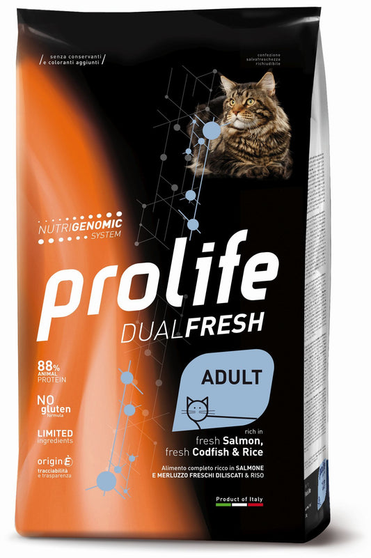 Prolife Dual Fresh - Crocchette per gatti adulti - Salmone e merluzzo freschi, riso - 400gr