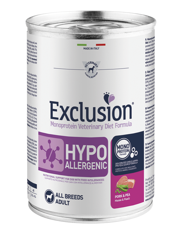 Exclusion Hypoallergenic - Cibo umido per cani adulti di tutte le taglie - Maiale e Piselli - 400gr