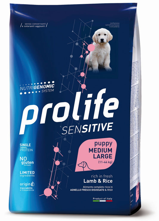 Prolife Sensitive Puppy - Crocchette per cuccioli sensibili di taglia media e grande - Agnello fresco e riso - 10kg