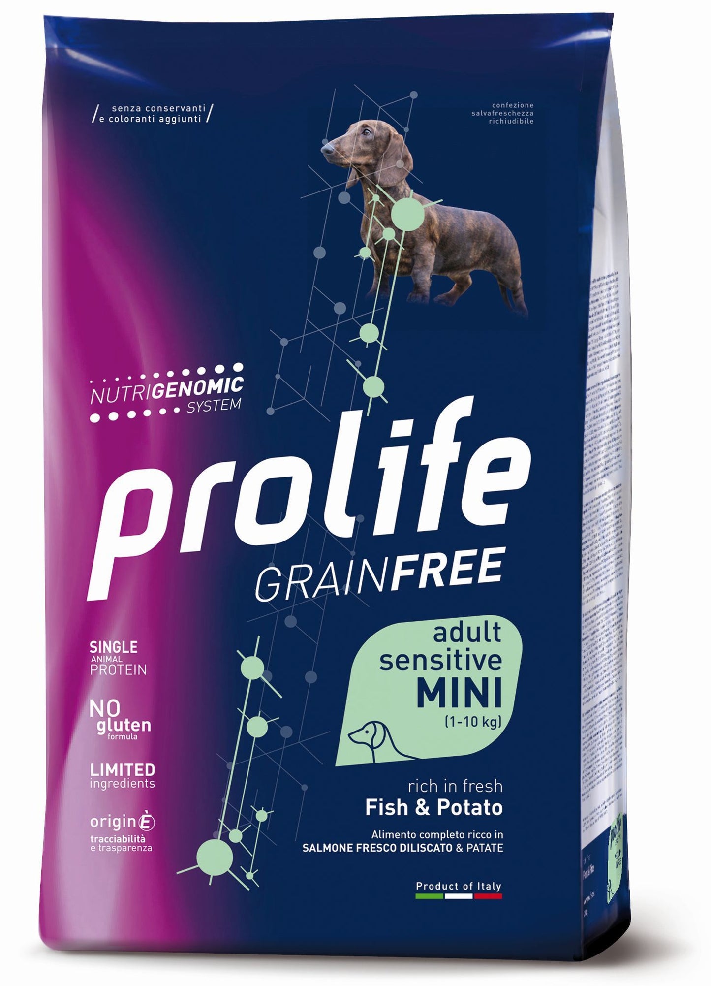 Prolife Grain Free Sensitive Adult - Crocchette per cani adulti sensibili di taglia piccola - Salmone fresco e patate - 7kg