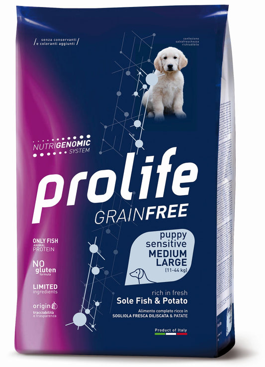Prolife Grain Free Sensitive Puppy - Crocchette per cuccioli sensibili di taglia media e grande - Sogliola fresca e patate - 10kg