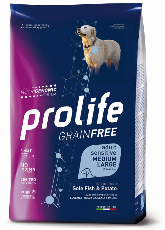 Prolife Grain Free Sensitive Adult - Crocchette per cani adulti sensibili di taglia media e grande - Sogliola fresca e patate - 10kg