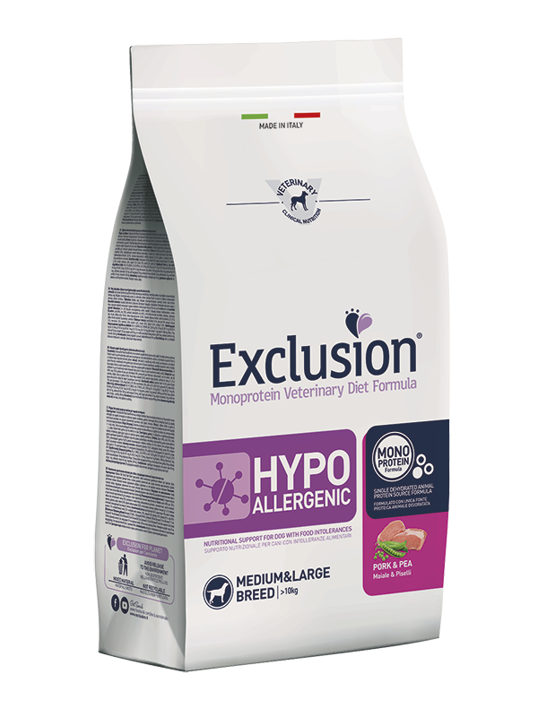 Exclusion Hypoallergenic - Cibo secco per cani adulti di taglia media e grande - Maiale e Piselli - 12kg