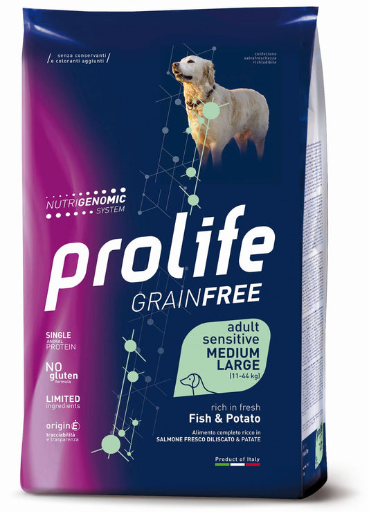 Prolife Grain Free Sensitive Adult - Crocchette per cani adulti sensibili di taglia media e grande - Salmone fresco e patate - 10kg