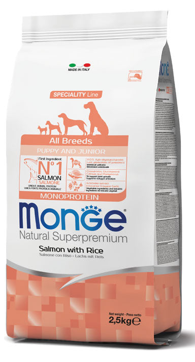 Monge Natural Superpremium - Crocchette per cuccioli di tutte le taglie - Salmone con Riso - 800gr