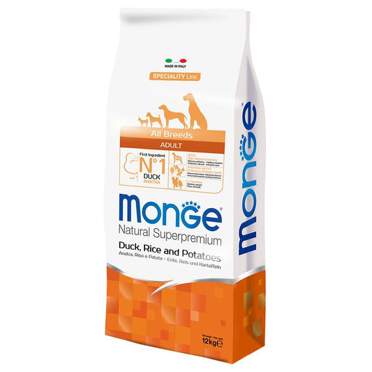 Monge Natural Superpremium - Crocchette per cani adulti di tutte le taglie - Anatra con Riso e Patate - 12kg