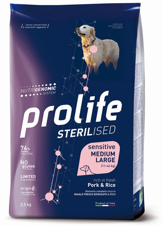 Prolife Sterilised Sensitive Adult - Crocchette per cani adulti sterilizzati di taglia media e grande - Maiale fresco e riso - 2,5kg