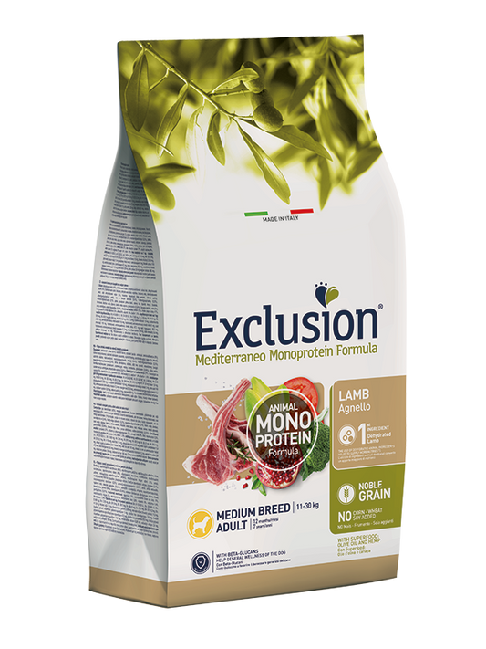 Exlusion Mediterraneo Monoprotein - Crocchette per cani adulti di taglia media - Agnello - 12,5kg