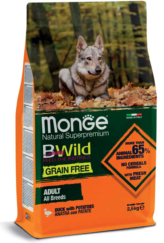 Monge Natural Superpremium Grain Free - Crocchette per cani adulti di tutte le taglie - Anatra con Patate e Piselli - 2,5kg