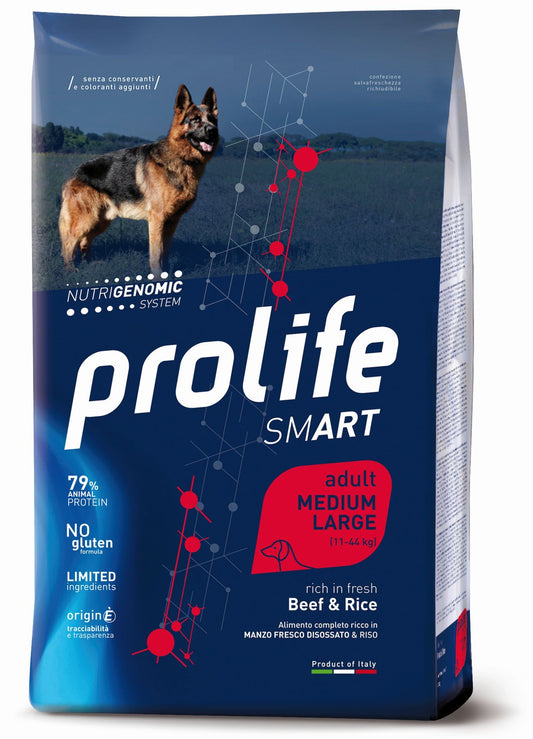 Prolife Smart Adult - Crocchette per cani adulti di taglia media e grande - Manzo fresco e riso - 12kg