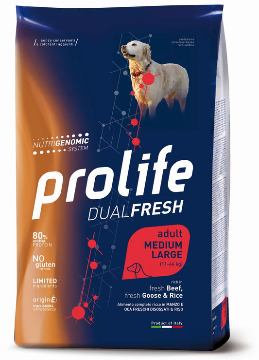 Prolife Dual Fresh - Crocchette per cani adulti di taglia media e grande - Manzo e Oca freschi, riso - 2,5kg