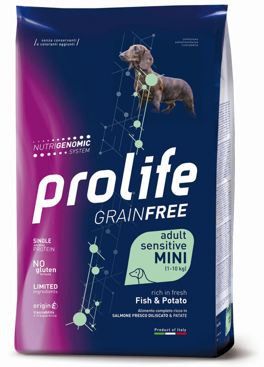 Prolife Grain Free Sensitive Adult - Crocchette per cani adulti sensibili di taglia piccola - Salmone fresco e patate - 600gr