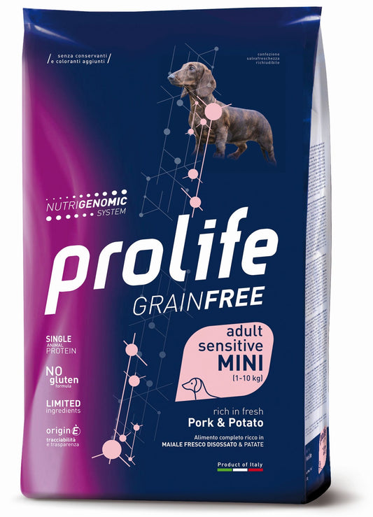 Prolife Grain Free Sensitive Adult - Crocchette per cani adulti sensibili di taglia piccola - Maiale fresco e patate - 2kg
