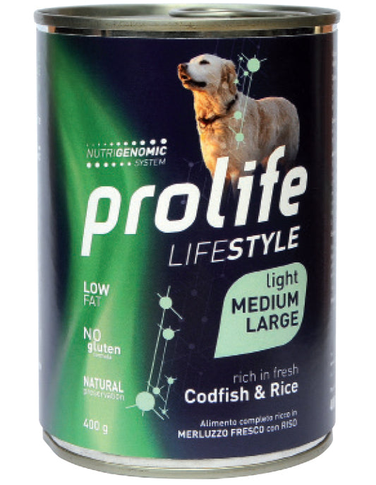 Prolife Life Style Adult Light - Cibo umido per cani adulti in sovrappeso di taglia media e grande - Merluzzo fresco e riso - 400gr