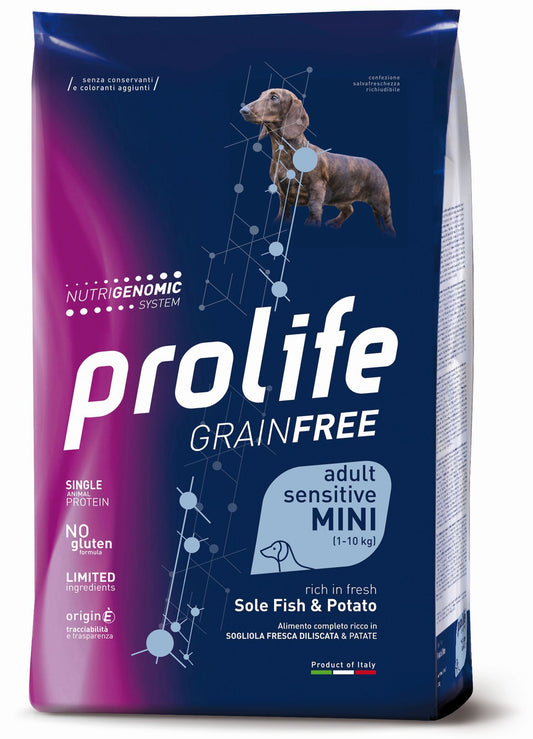 Prolife Grain Free Sensitive Adult - Crocchette per cani adulti sensibili di taglia piccola - Sogliola fresca e patate - 2kg