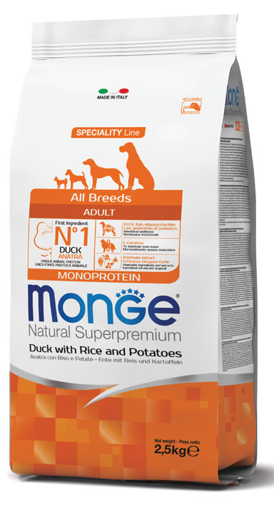 Monge Natural Superpremium - Crocchette per cani adulti di tutte le taglie - Anatra con Riso e Patate - 2,5kg