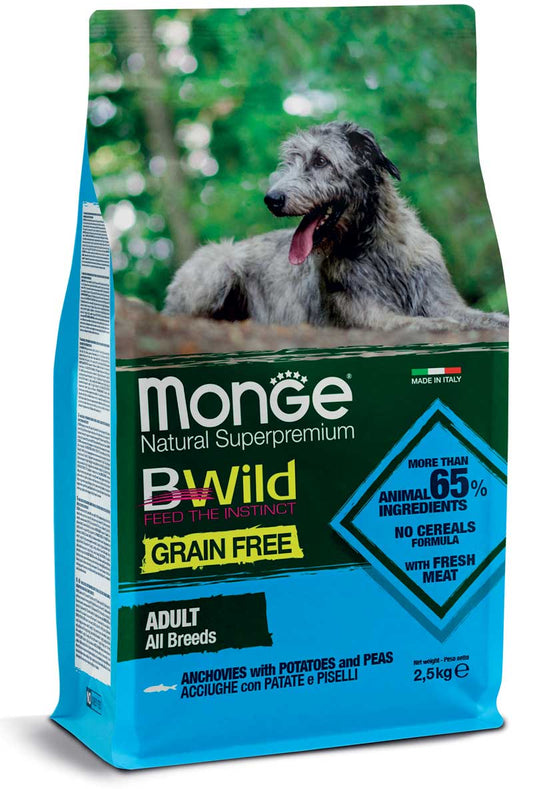 Monge Natural Superpremium Grain Free - Crocchette per cani adulti di tutte le taglie - Acciughe con Patate e Piselli - 2,5kg