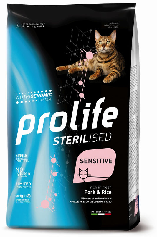 Prolife Sterilised Sensitive - Crocchette per gatti sensibili e/o sterilizzati - Maiale fresco e riso - 1,5kg