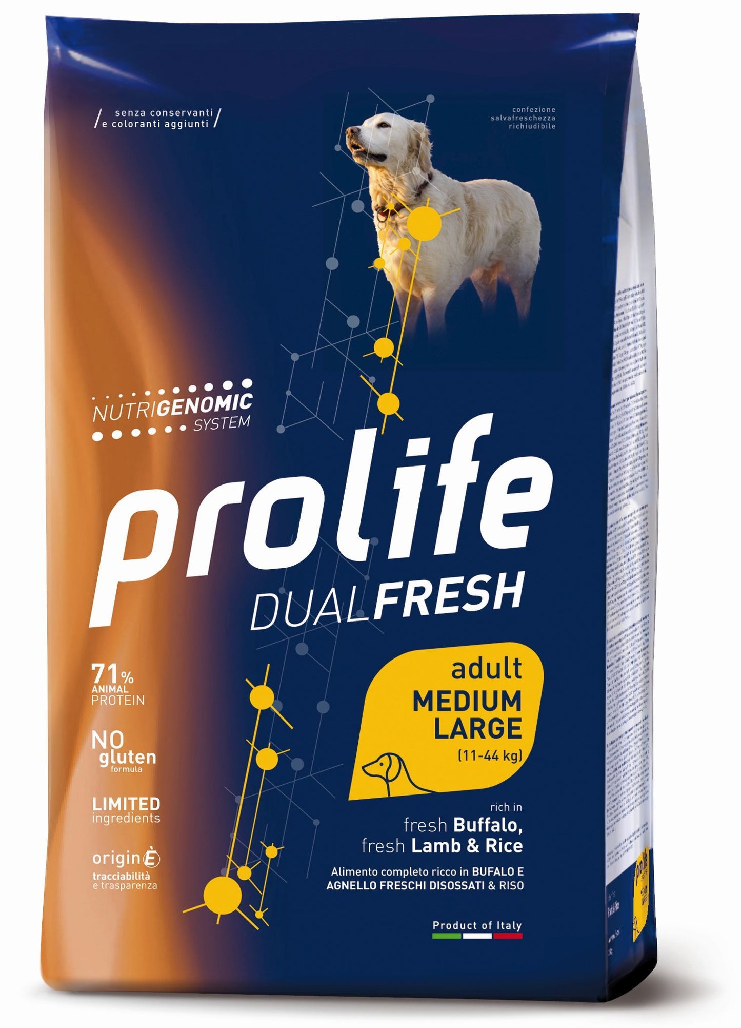 Prolife Dual Fresh - Crocchette per cani adulti di taglia media e grande - Bufalo e Agnello freschi, riso - 2,5kg