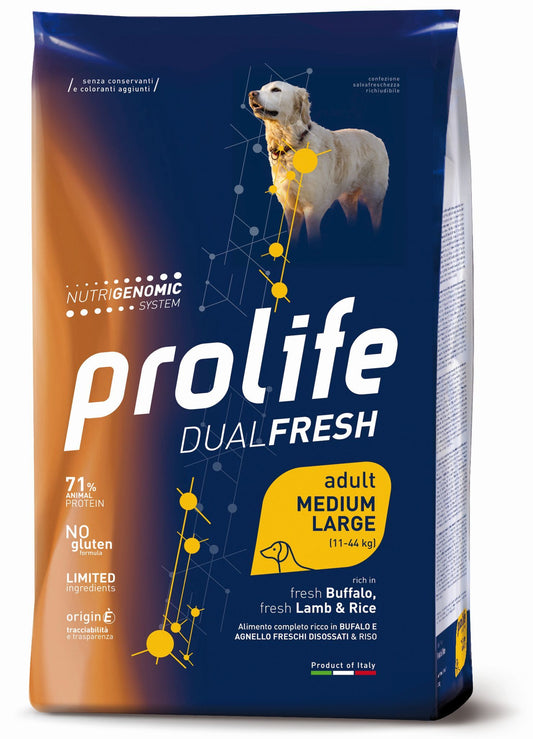 Prolife Dual Fresh - Crocchette per cani adulti di taglia media e grande - Bufalo e Agnello freschi, riso - 2,5kg