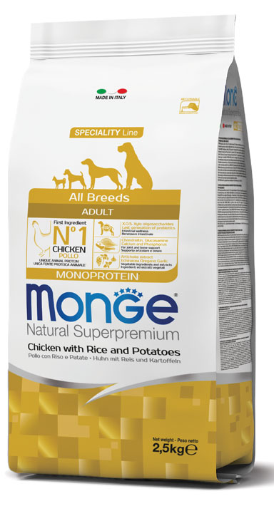 Monge Natural Superpremium - Crocchette per cani adulti di tutte le taglie - Pollo con Riso e Patate - 2,5kg