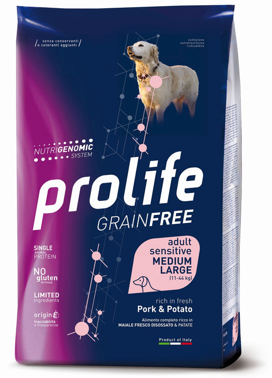 Prolife Grain Free Sensitive Adult - Crocchette per cani adulti sensibili di taglia media e grande - Maiale fresco e patate - 10kg