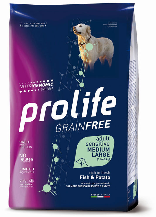Prolife Grain Free Sensitive Adult - Crocchette per cani adulti sensibili di taglia media e grande - Salmone fresco e patate - 2,5kg