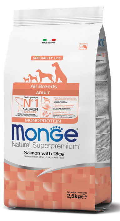 Monge Natural Superpremium - Crocchette per cani adulti di tutte le taglie - Salmone e Riso - 2,5kg