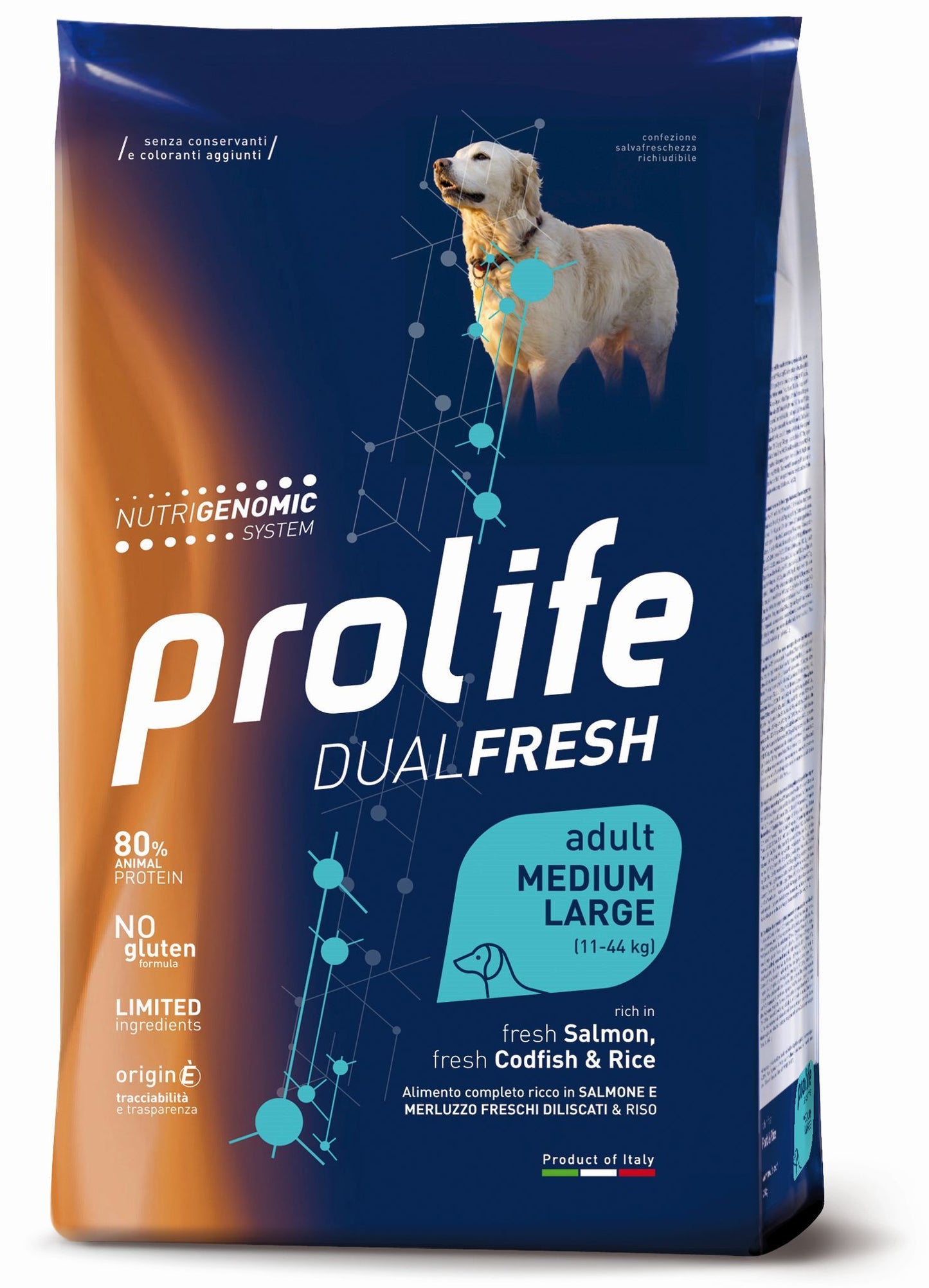 Prolife Dual Fresh - Crocchette per cani adulti di taglia media e grande - Salmone e Merluzzo freschi, riso - 2,5kg