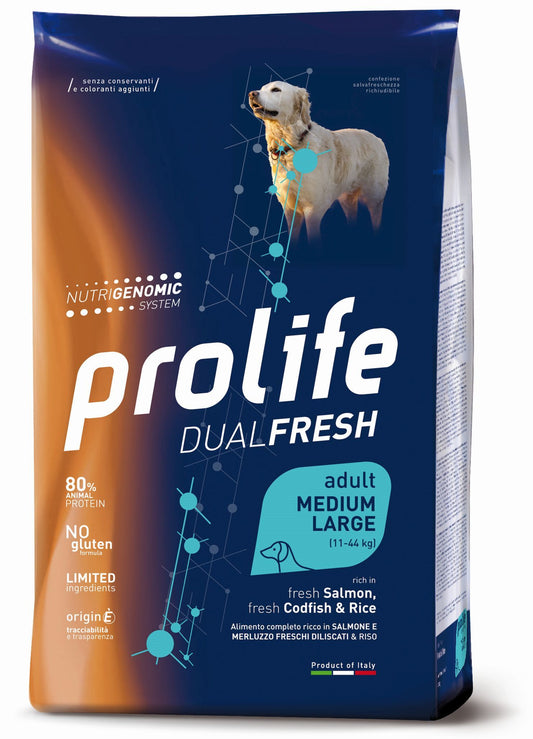 Prolife Dual Fresh - Crocchette per cani adulti di taglia media e grande - Salmone e Merluzzo freschi, riso - 2,5kg