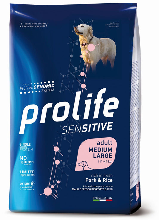 Prolife Sensitive Adult - Crocchette per cani adulti sensibili di taglia media e grande - Maiale fresco e riso - 10kg